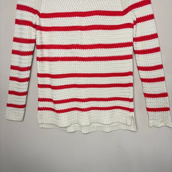 TALBOTS Coral & Beige Striped Cable Knit Crewneck Sweater, Medium Petite - Picture 3 of 10